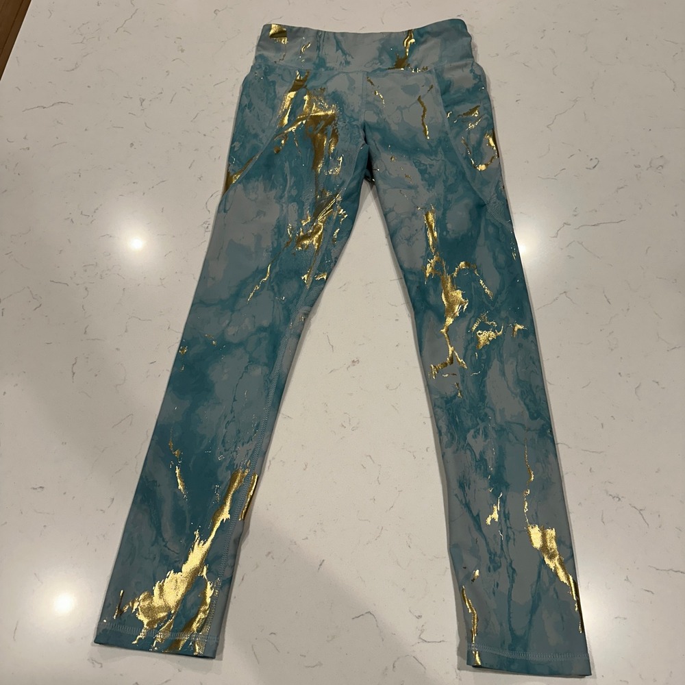 Old Navy Powersoft Go-Dry High-Rise Leggings XL Teal Gold Marble Foil Pockets